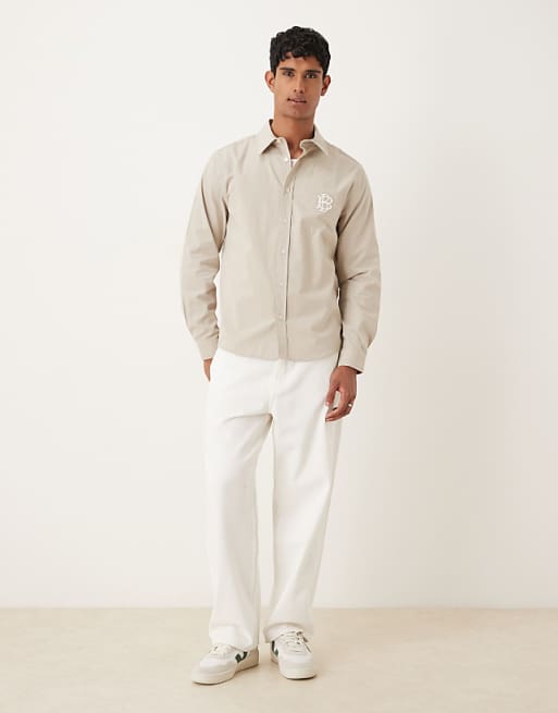 DESIGN Shirt With Chest Embroidery In Buttermilk Cotton Poplin