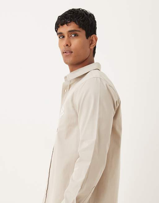 DESIGN Shirt With Chest Embroidery In Buttermilk Cotton Poplin