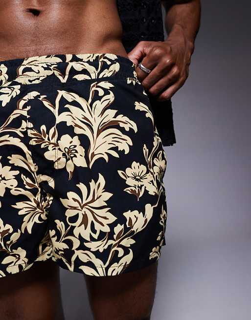 DESIGN Short Length Swim Shorts In Black Floral Print