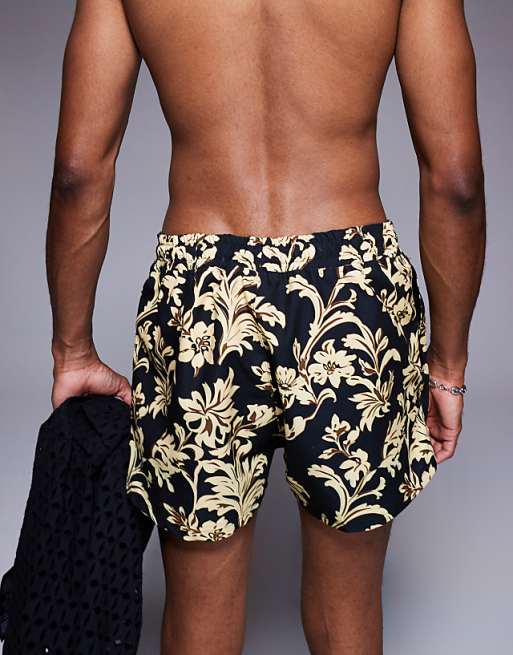 DESIGN Short Length Swim Shorts In Black Floral Print