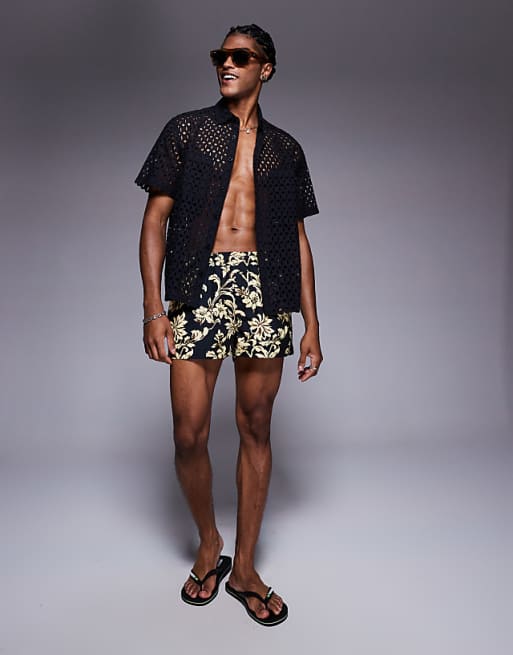 DESIGN Short Length Swim Shorts In Black Floral Print