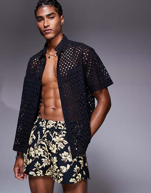 DESIGN short length swim shorts in black floral print