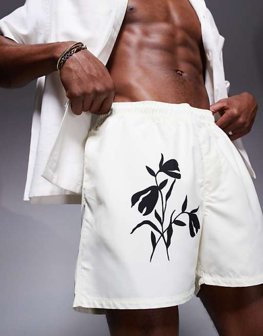 DESIGN Short Length Swim Shorts With Floral Print In Cream