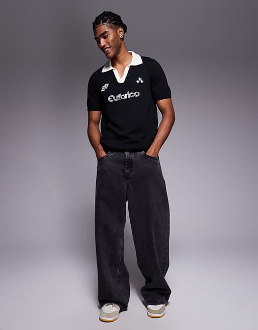 DESIGN Short Sleeve Knitted Polo With Sports Graphic In Black