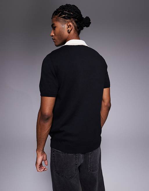 DESIGN Short Sleeve Knitted Polo With Sports Graphic In Black