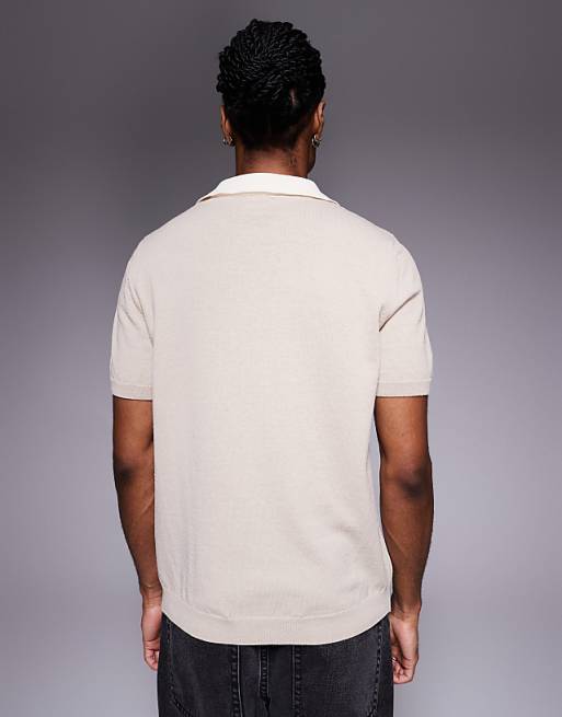 DESIGN Short Sleeve Knitted Polo With Sports Graphic In Stone