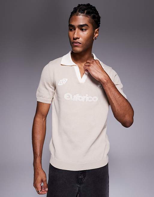 DESIGN short sleeve knitted polo with sports graphic in stone