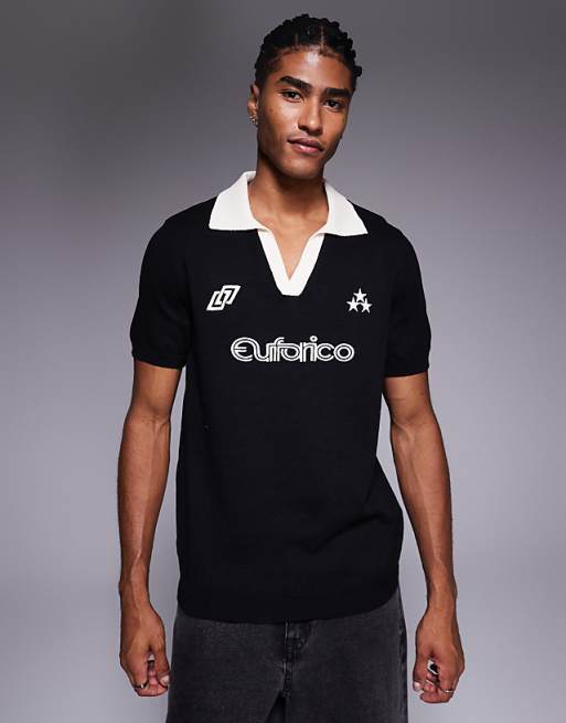 DESIGN short sleeve knitted polo with sports graphic in black