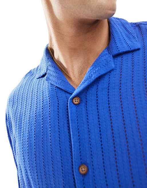 DESIGN Short Sleeve Oversized Revere Collar Textured Shirt In Cobalt Blue
