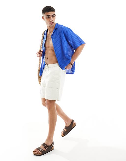 DESIGN Short Sleeve Oversized Revere Collar Textured Shirt In Cobalt Blue