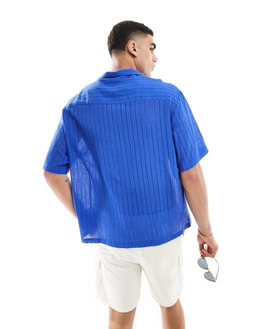 DESIGN Short Sleeve Oversized Revere Collar Textured Shirt In Cobalt Blue