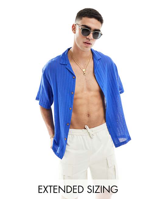 DESIGN short sleeve oversized revere collar textured shirt in cobalt blue