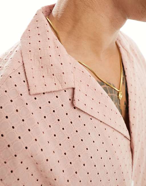 DESIGN Short Sleeve Relaxed Fit Revere Collar Broderie Shirt In Dusty Pink
