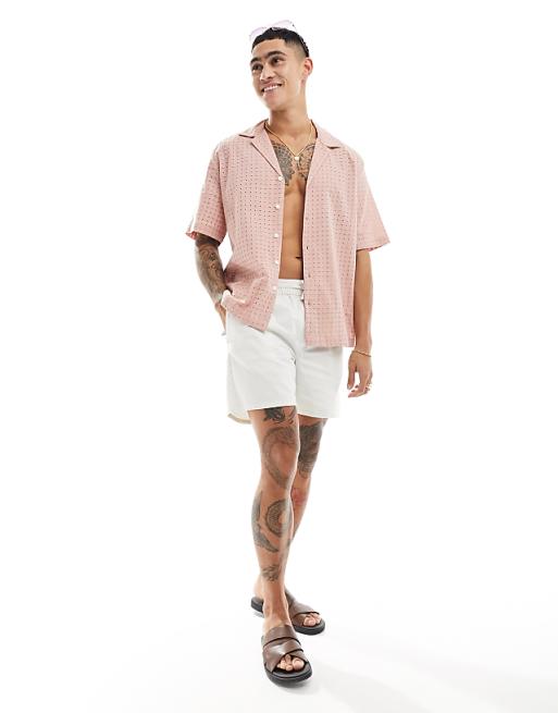 DESIGN Short Sleeve Relaxed Fit Revere Collar Broderie Shirt In Dusty Pink