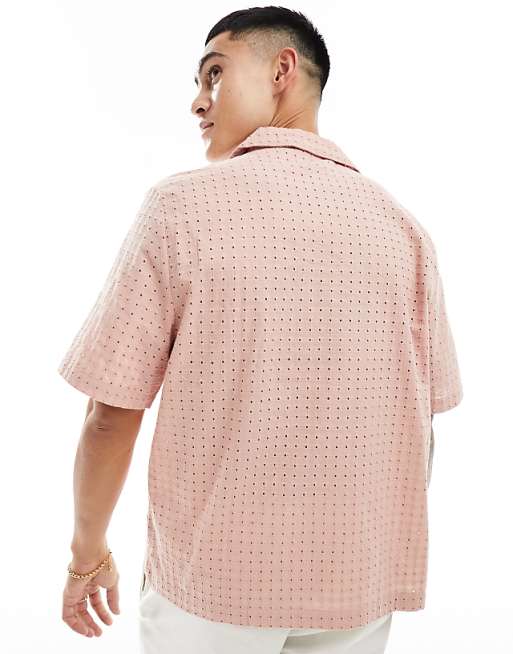 DESIGN Short Sleeve Relaxed Fit Revere Collar Broderie Shirt In Dusty Pink