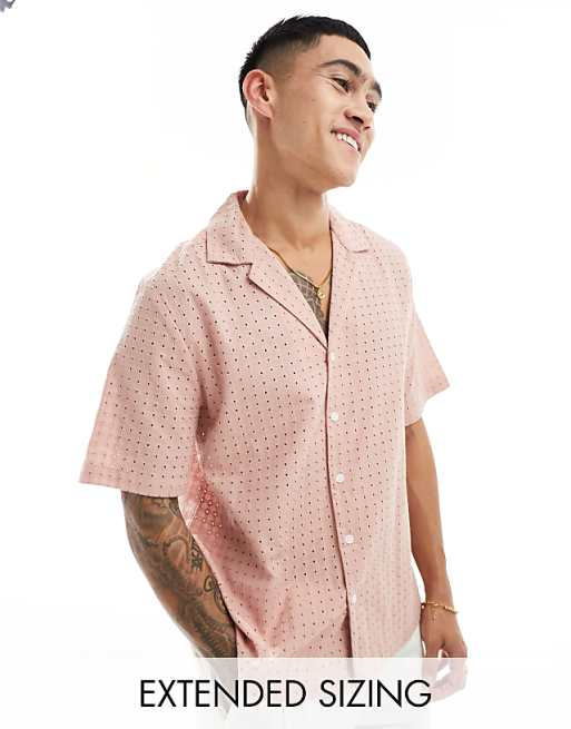 DESIGN short sleeve relaxed fit revere collar broderie shirt in dusty pink