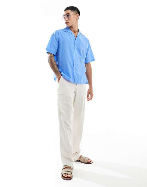 DESIGN Short Sleeve Relaxed Revere Collar Linen Look Shirt In Mid Blue