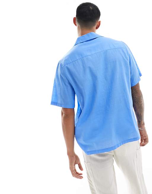 DESIGN Short Sleeve Relaxed Revere Collar Linen Look Shirt In Mid Blue
