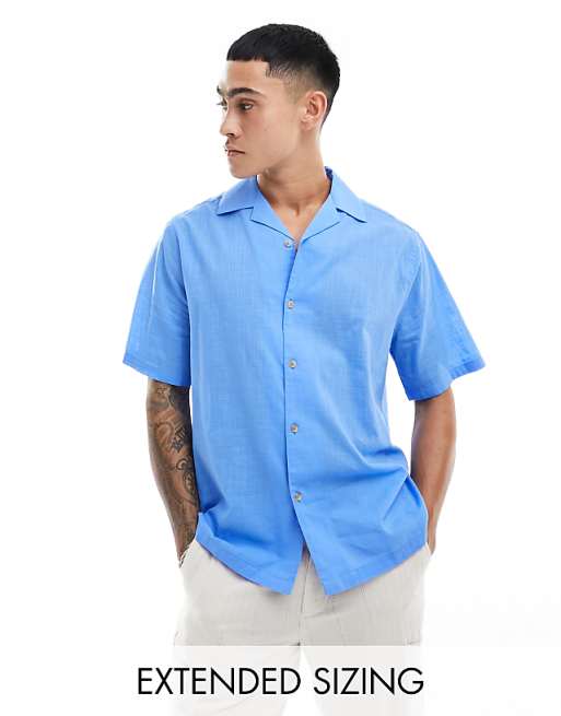 DESIGN short sleeve relaxed revere collar linen look shirt in mid blue