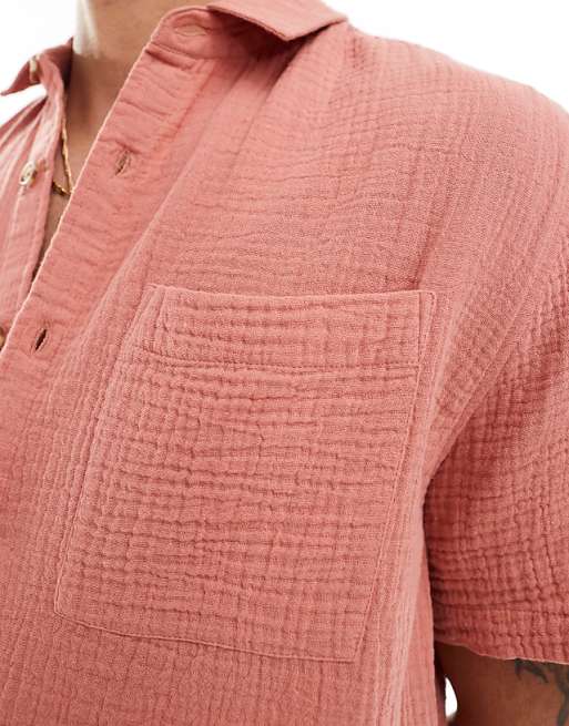 DESIGN Short Sleeve Relaxed Revere Collar Shirt In Clay Pink