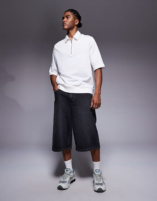 DESIGN Short Sleeved Half Zip Polo In White