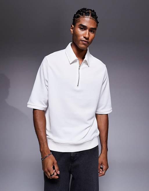 DESIGN short sleeved half zip polo in white