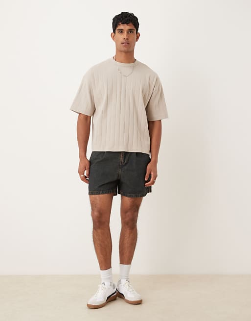 DESIGN Shorter Length Denim Short With Pleats In Mid Wash Blue