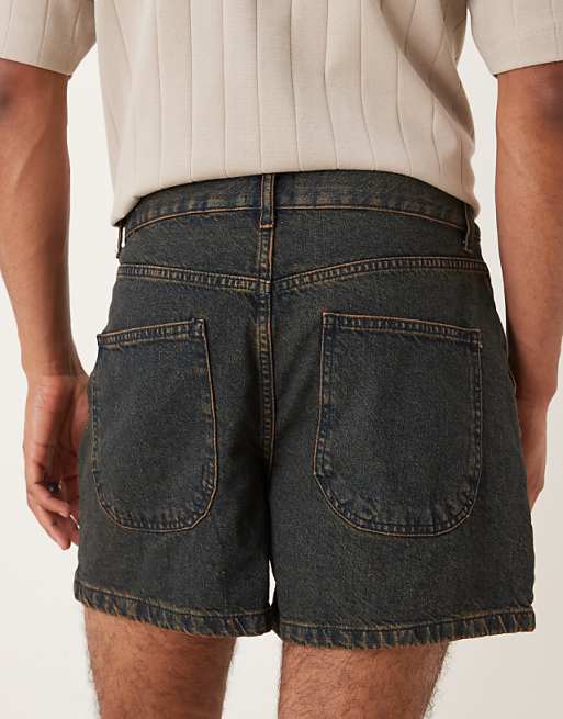 DESIGN Shorter Length Denim Short With Pleats In Mid Wash Blue