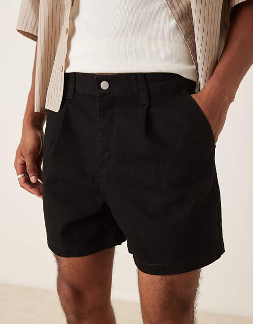 DESIGN Shorter Length Denim Short With Pleats In Black