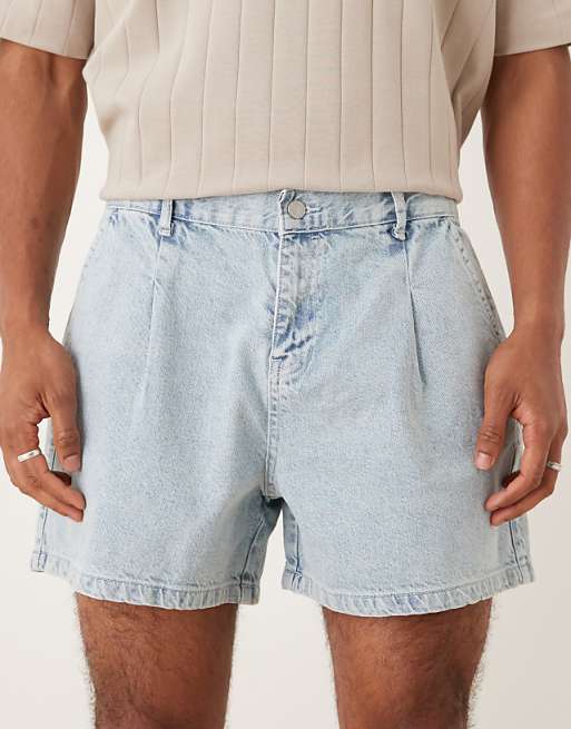 DESIGN Shorter Length Pleated Denim Short In Light Wash Blue