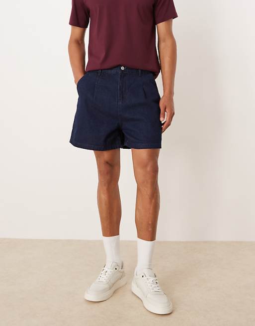DESIGN shorter length pleated denim short in raw wash
