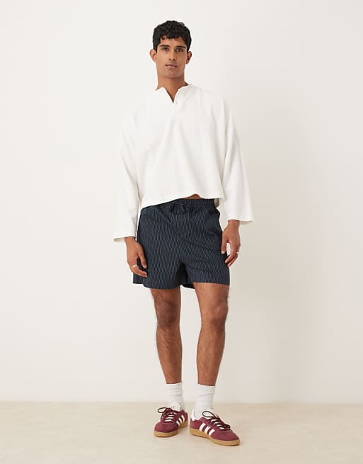 DESIGN Shorter Length Pull On Shorts In Navy Pinstripe
