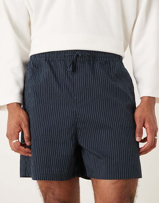 DESIGN Shorter Length Pull On Shorts In Navy Pinstripe
