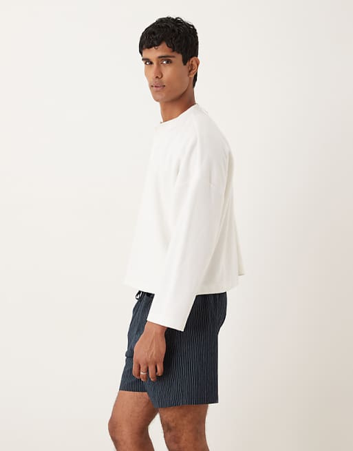 DESIGN Shorter Length Pull On Shorts In Navy Pinstripe