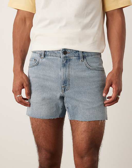 DESIGN Shorter Length Slim Denim Shorts With Rip Detail In Light Wash Blue
