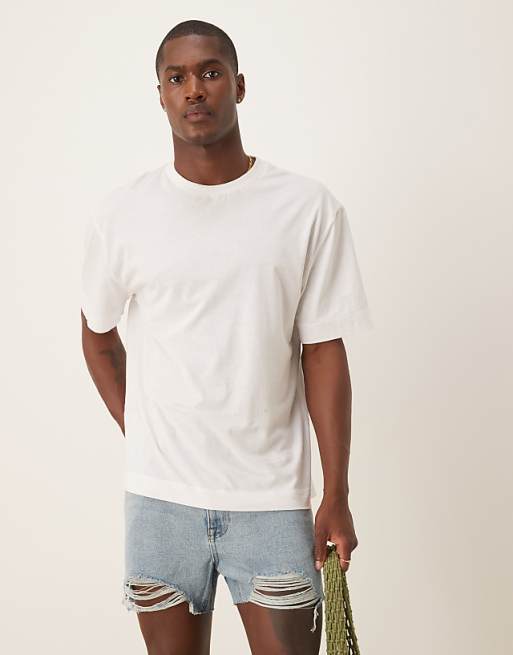 DESIGN Shorter Length Straight Fit Denim Shorts With Rip Detail In Light Wash Blue