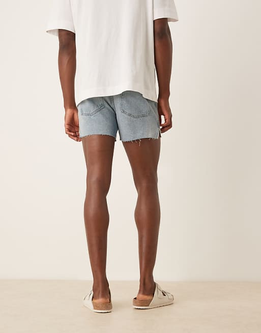 DESIGN Shorter Length Straight Fit Denim Shorts With Rip Detail In Light Wash Blue
