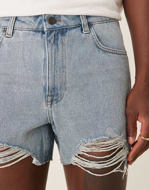 DESIGN Shorter Length Straight Fit Denim Shorts With Rip Detail In Light Wash Blue