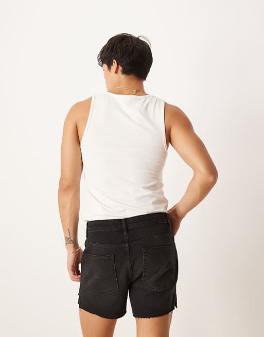 DESIGN Shorter Length Straight Fit Denim Shorts With Rip Detail In Black Wash