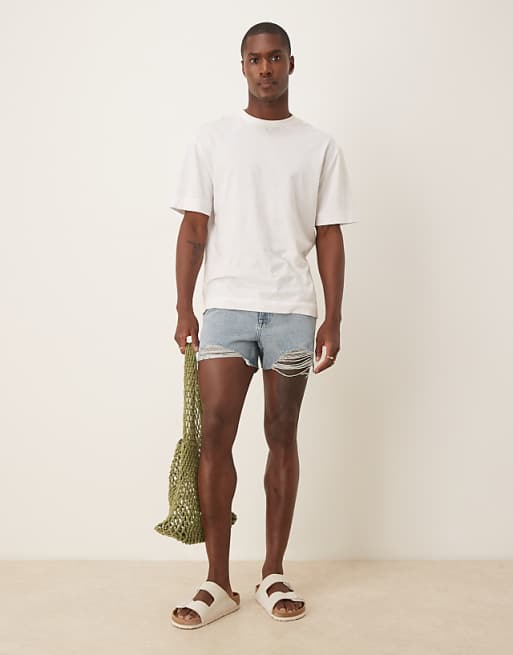 DESIGN shorter length straight fit denim shorts with rip detail in light wash blue