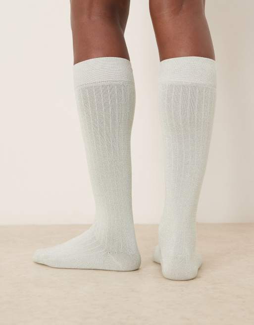 DESIGN Silver Glitter Fine Ribbed Knee High Socks In Light Green