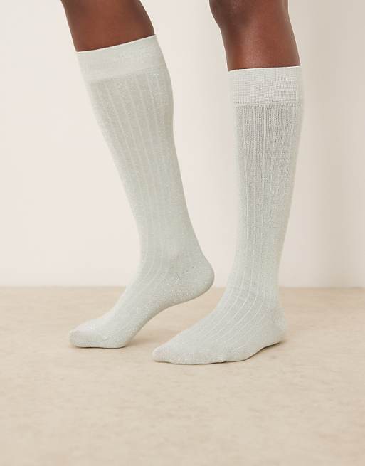 DESIGN silver glitter fine ribbed knee high socks in light green