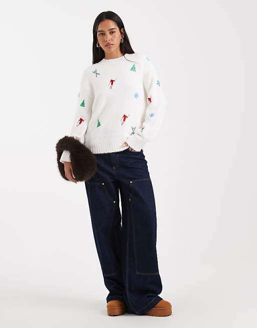 DESIGN Ski Embroidered Jumper In White