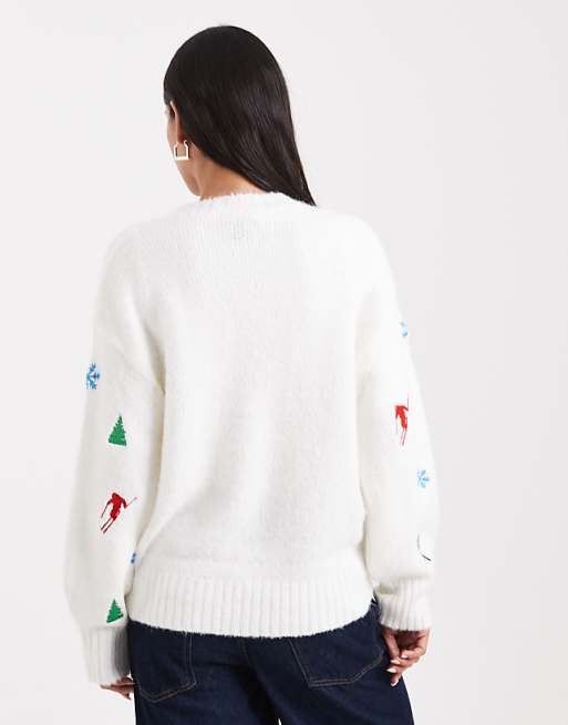 DESIGN Ski Embroidered Jumper In White
