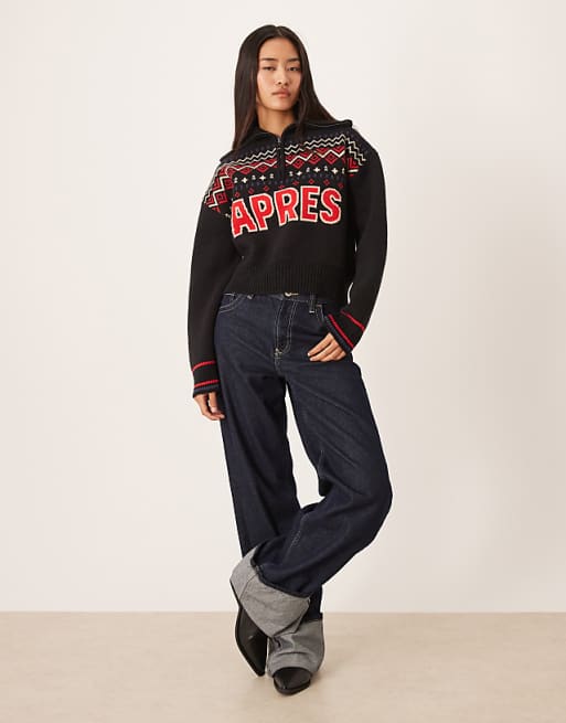 DESIGN Ski Slogan Half Zip Fairisle Jumper