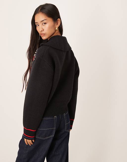 DESIGN Ski Slogan Half Zip Fairisle Jumper