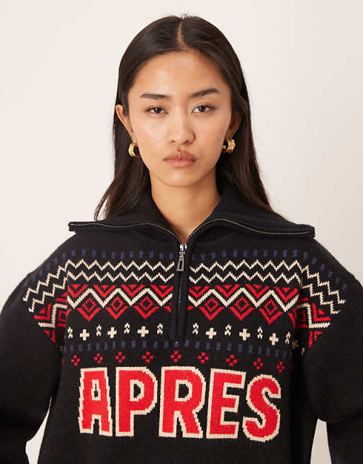 DESIGN Ski Slogan Half Zip Fairisle Jumper