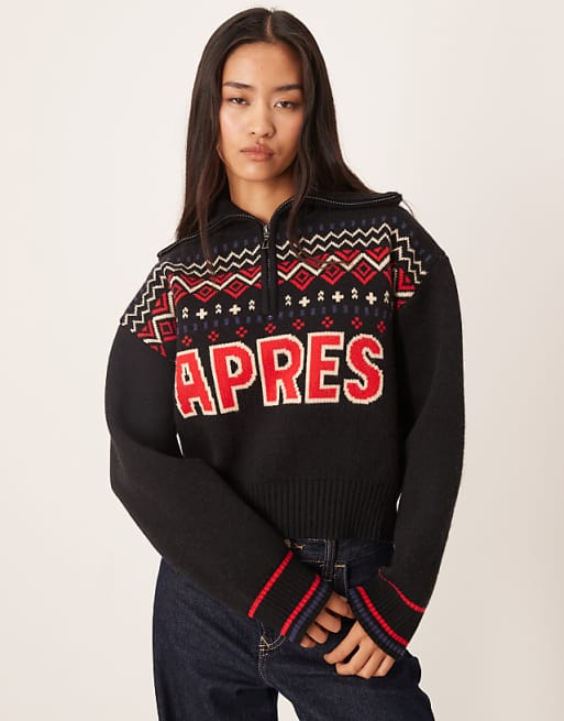 DESIGN ski slogan half zip fairisle jumper