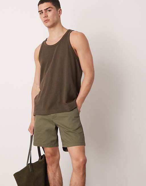 DESIGN Skinny Mid Length Chino Shorts In Khaki