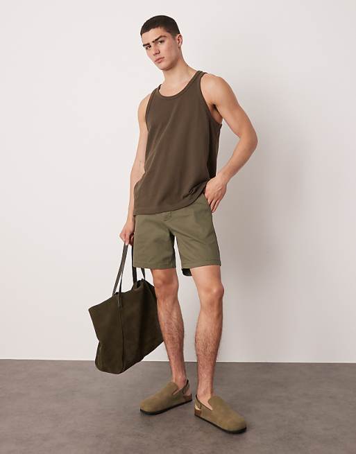 DESIGN skinny mid length chino shorts in khaki